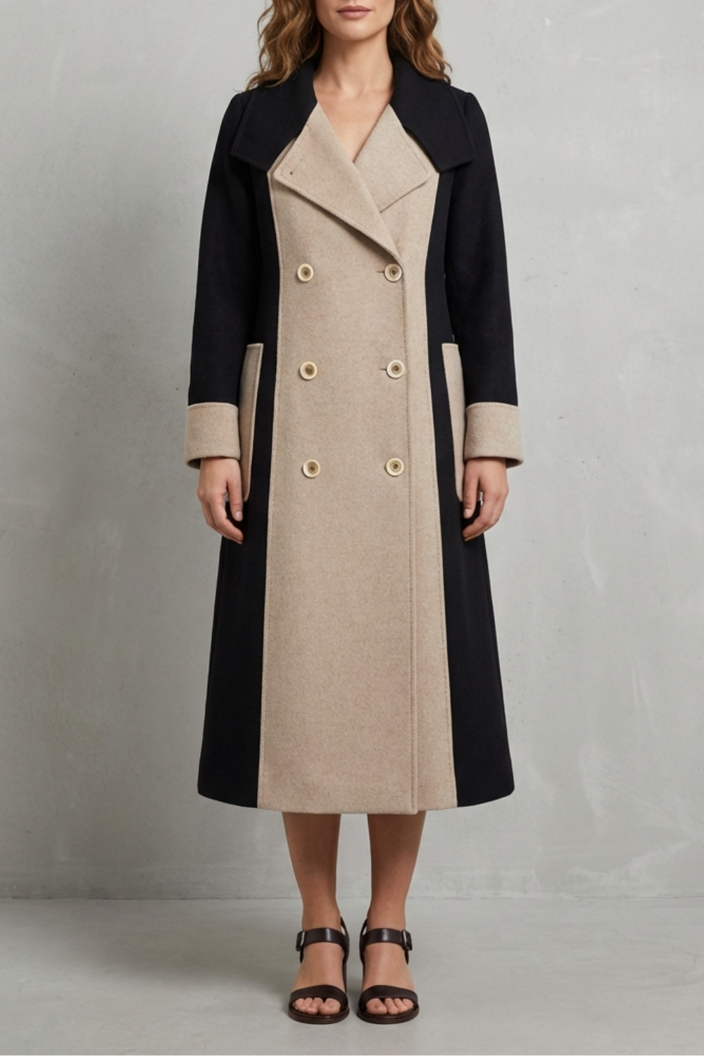 Manteau long croisé à empiècements contrastants — Amielle Paris
