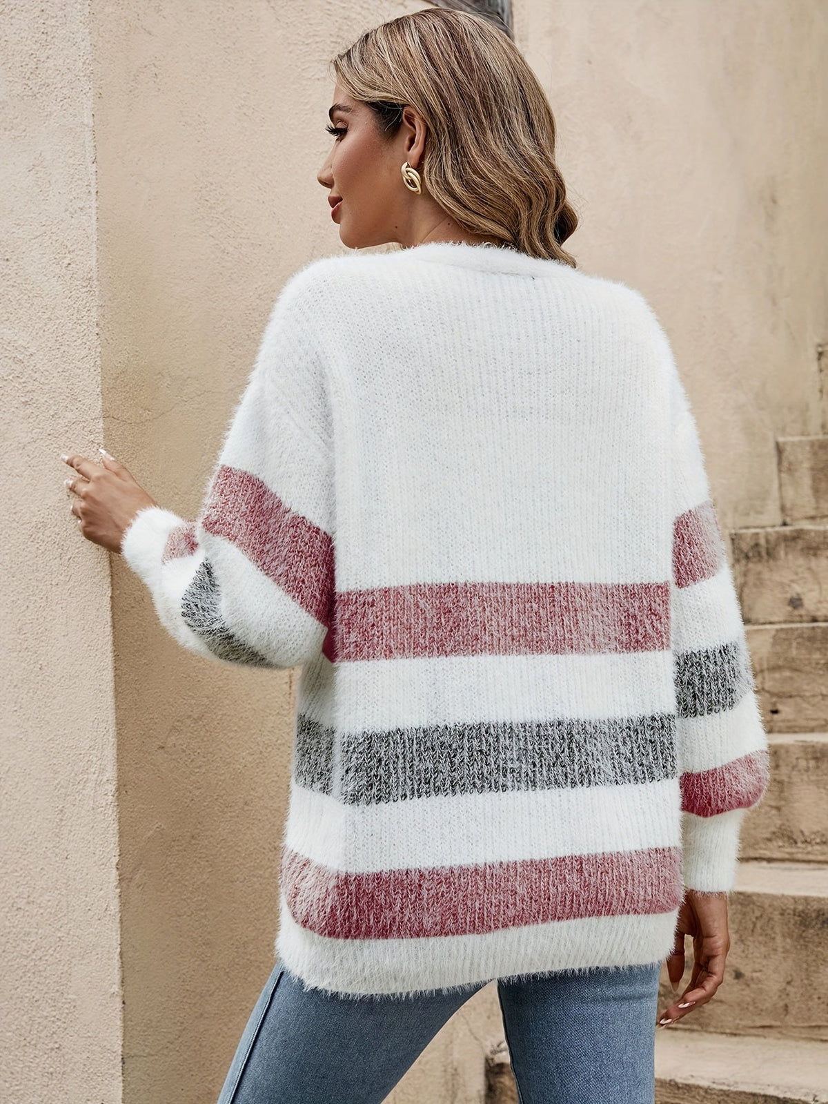 Nadine | Gilet ouvert en maille rayée — Amielle Paris