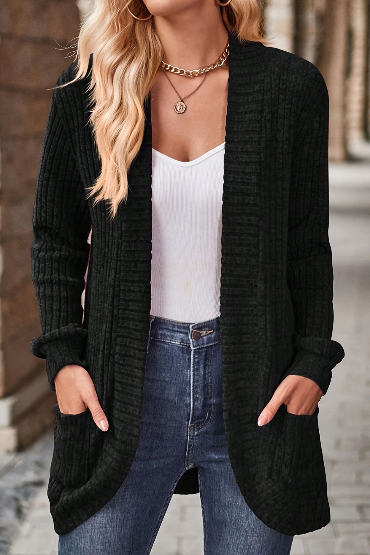 Erika — Cardigan long ouvert à poches latérales — Amielle Paris