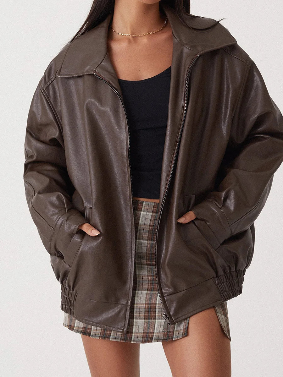 Blouson ample aspect cuir à col rabattu — Amielle Paris
