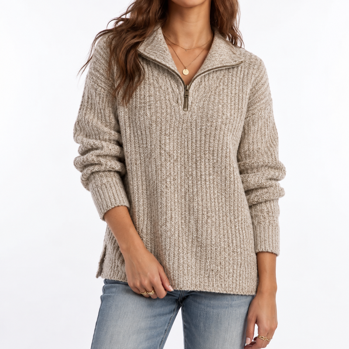 Pull texturé à col zippé et fentes latérales — Amielle Paris