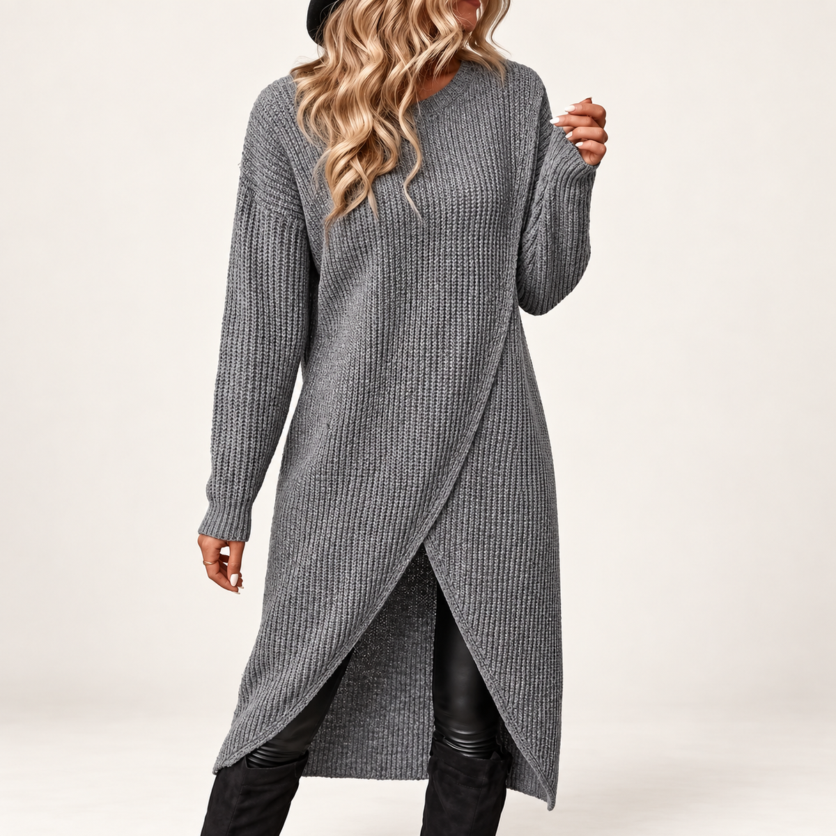 Robe pull grise côtelée à bas asymétrique — Amielle Paris