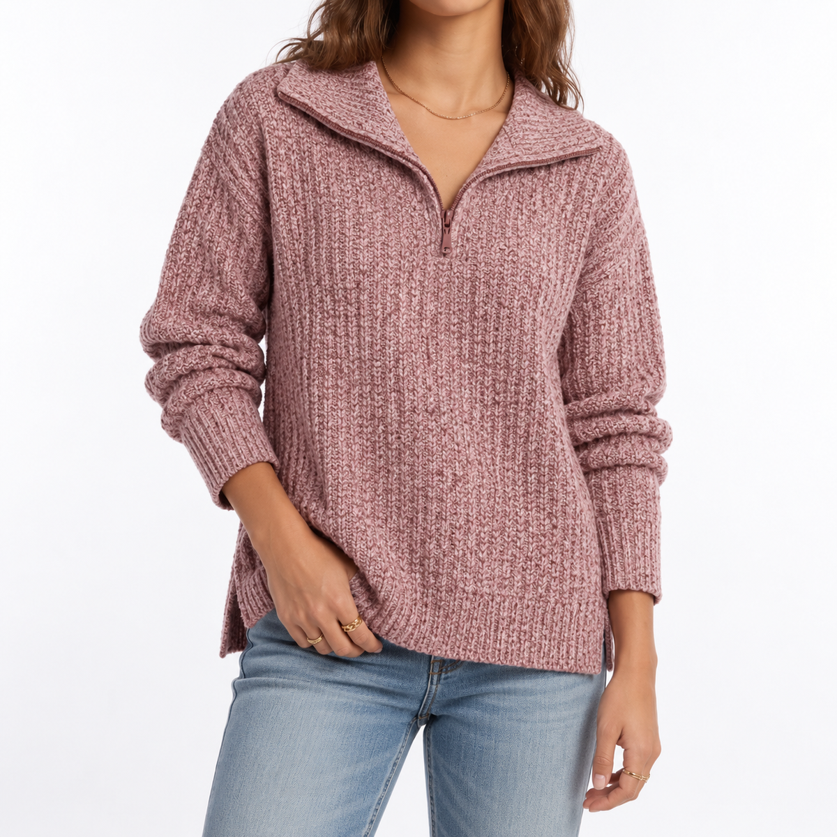Pull texturé à col zippé et fentes latérales — Amielle Paris