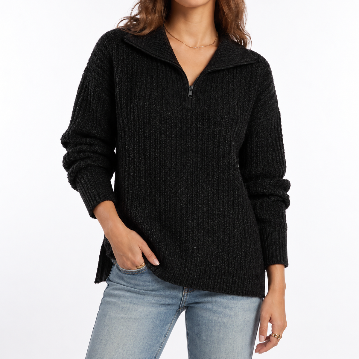Pull texturé à col zippé et fentes latérales — Amielle Paris