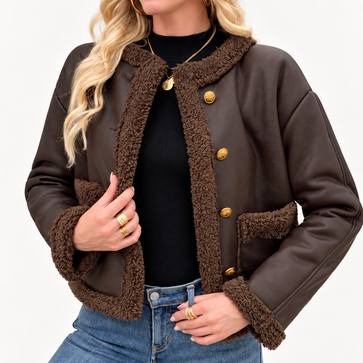 Veste courte aspect cuir à bordures duveteuses — Amielle Paris