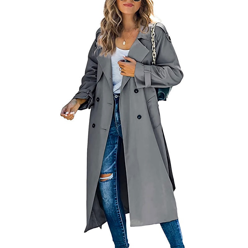 Trench long ceinturé à revers crantés — Amielle Paris