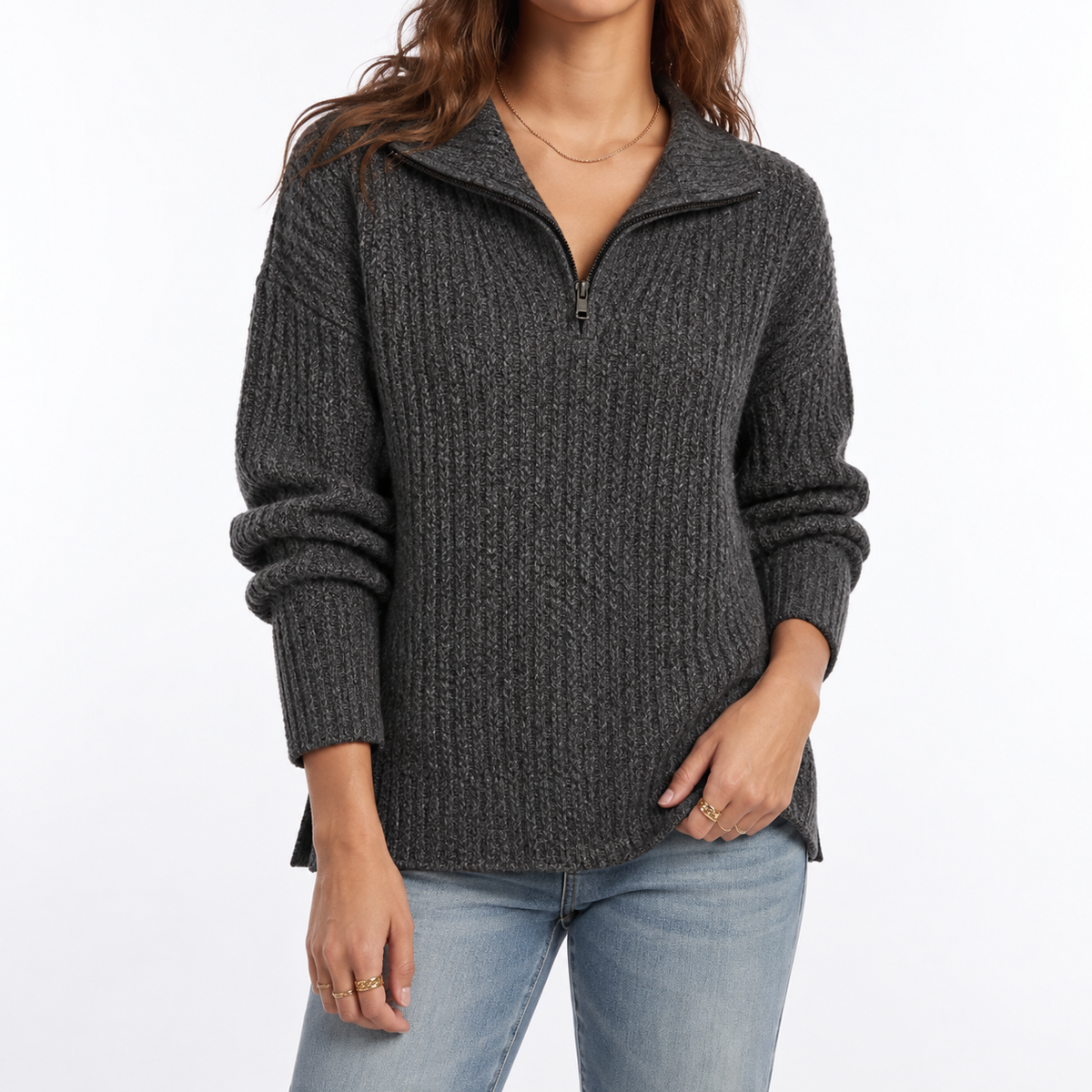 Pull texturé à col zippé et fentes latérales — Amielle Paris
