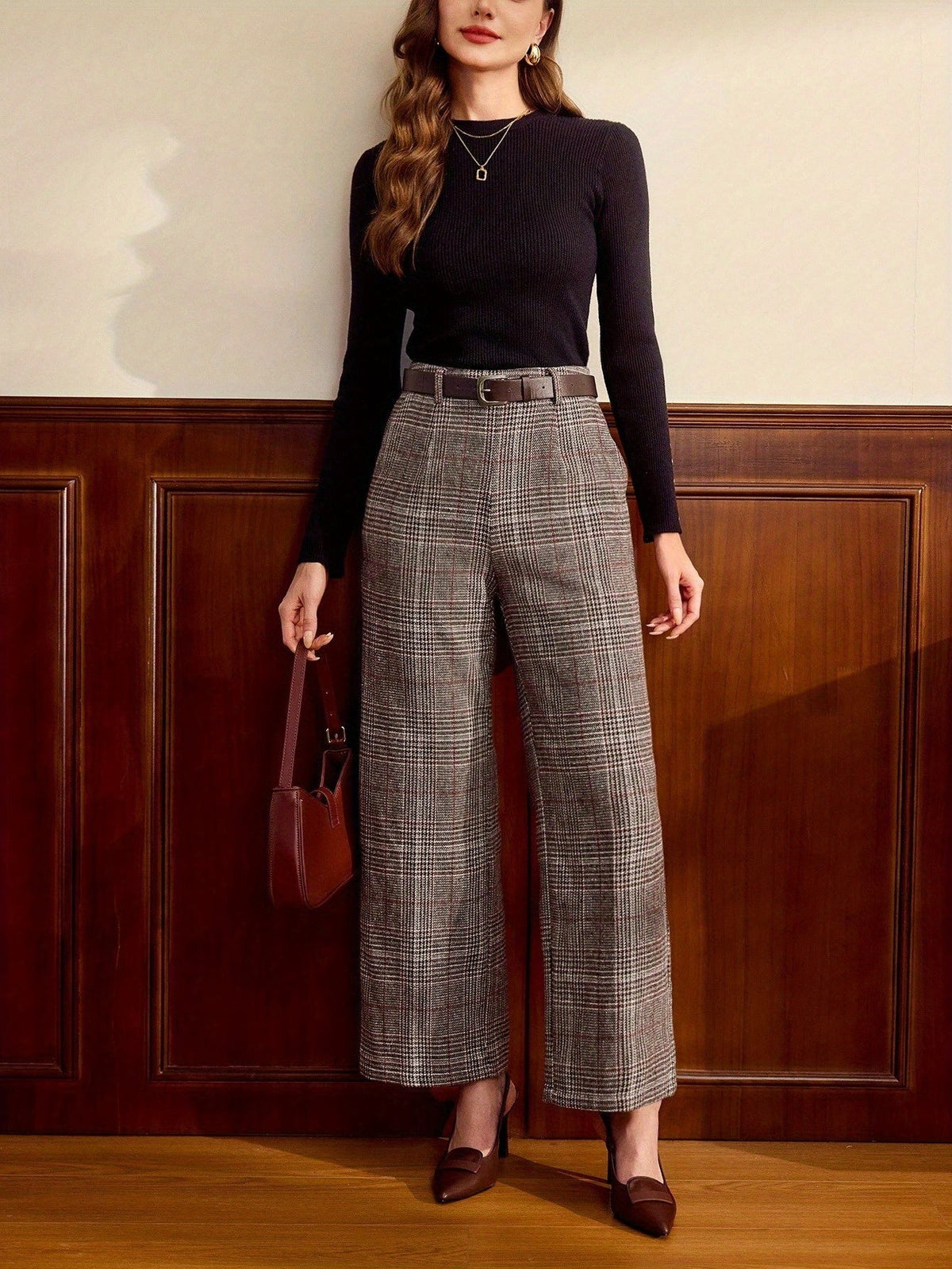 Pantalon large à carreaux marron café — Amielle Paris