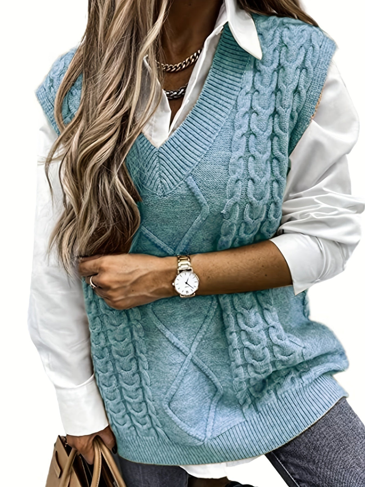 Pull sans manches ample à torsades et col V — Amielle Paris