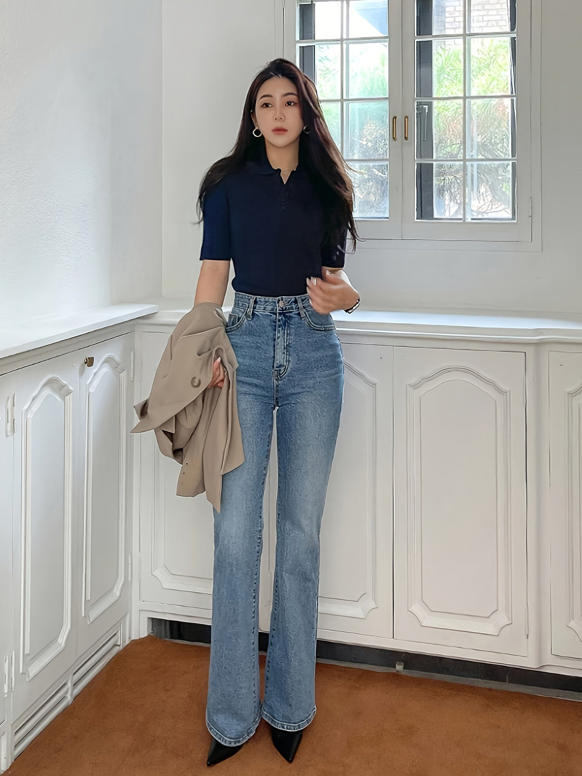 Haut bleu marine côtelé à col polo — Amielle Paris
