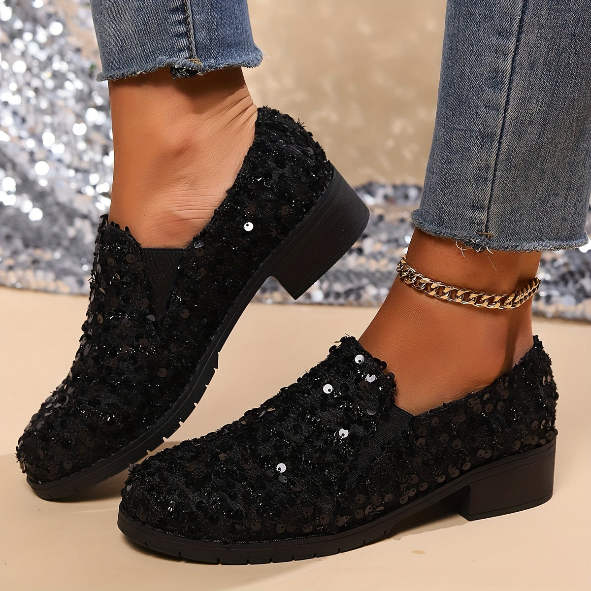 Odette | Mocassins à sequins et talon bloc — Amielle Paris