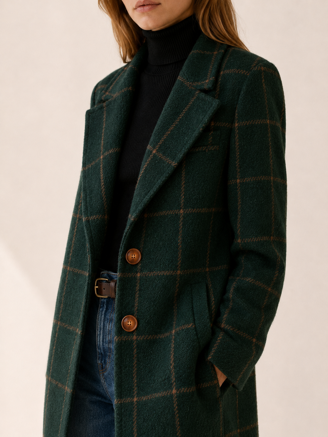 Trench long à carreaux et bouton unique — Amielle Paris