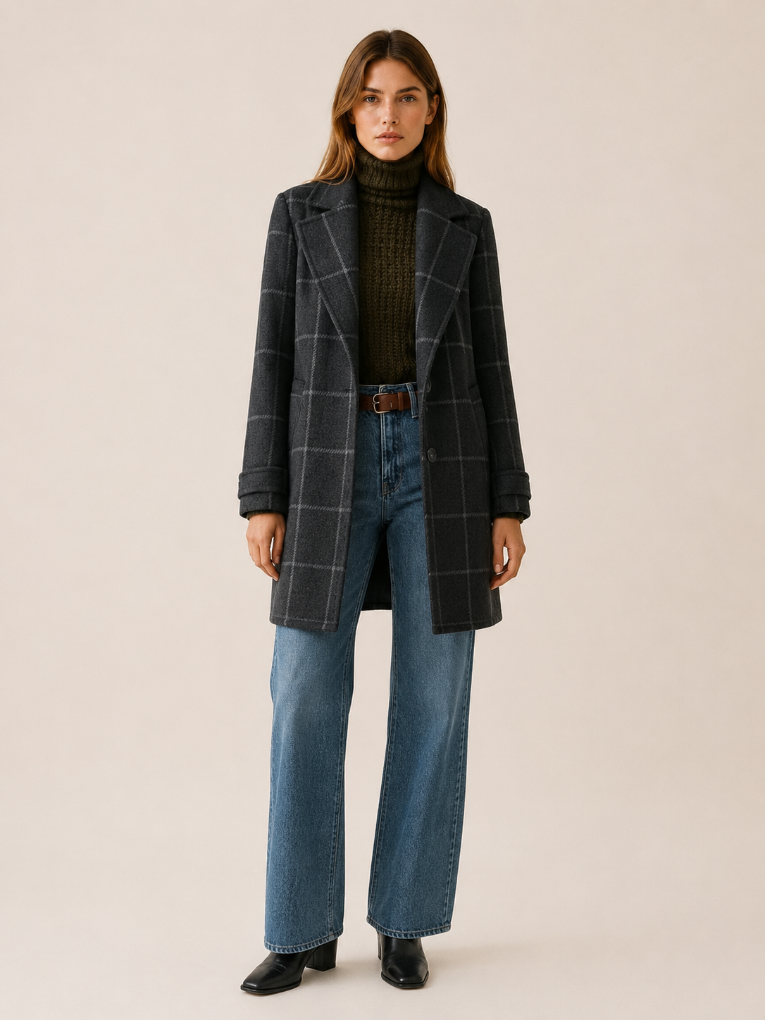 Trench long à carreaux et bouton unique — Amielle Paris