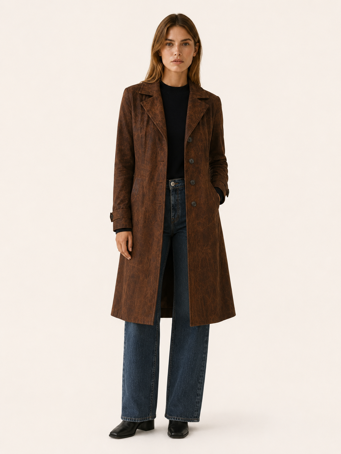 Trench long aspect daim à taille ceinturée — Amielle Paris