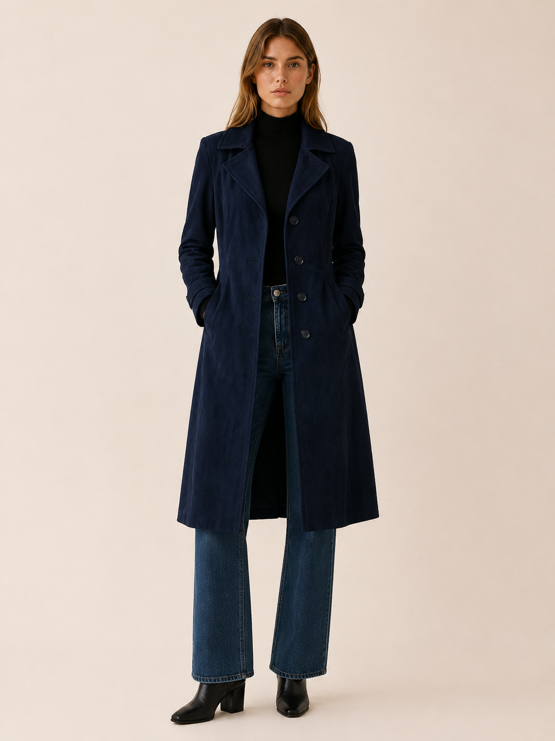 Trench long aspect daim à taille ceinturée — Amielle Paris