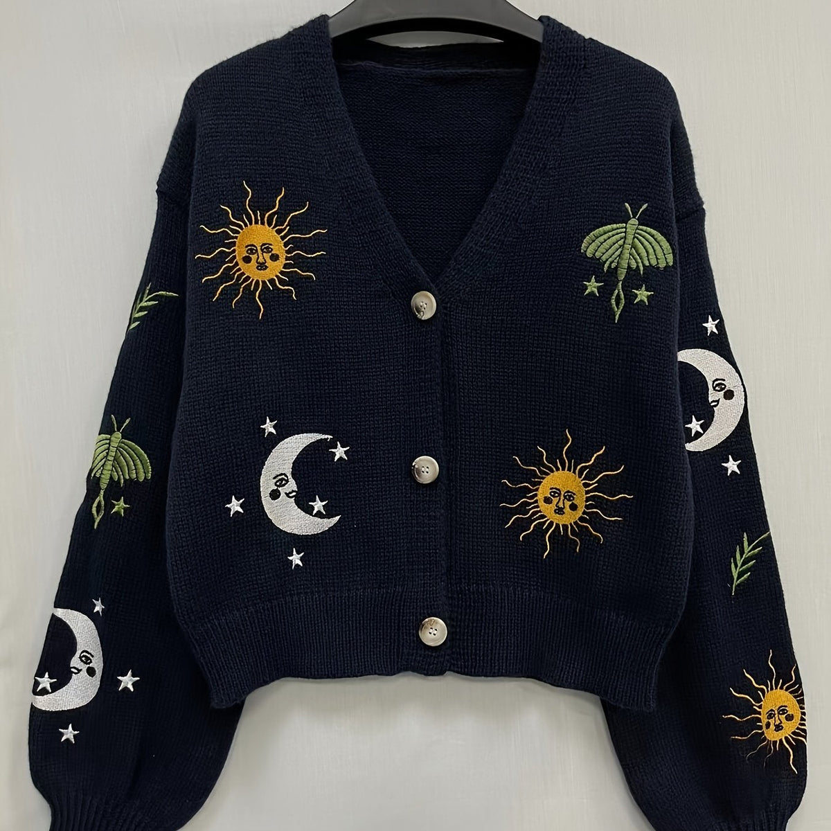 Nadia | Gilet brodé de soleils, lunes et étoiles — Amielle Paris