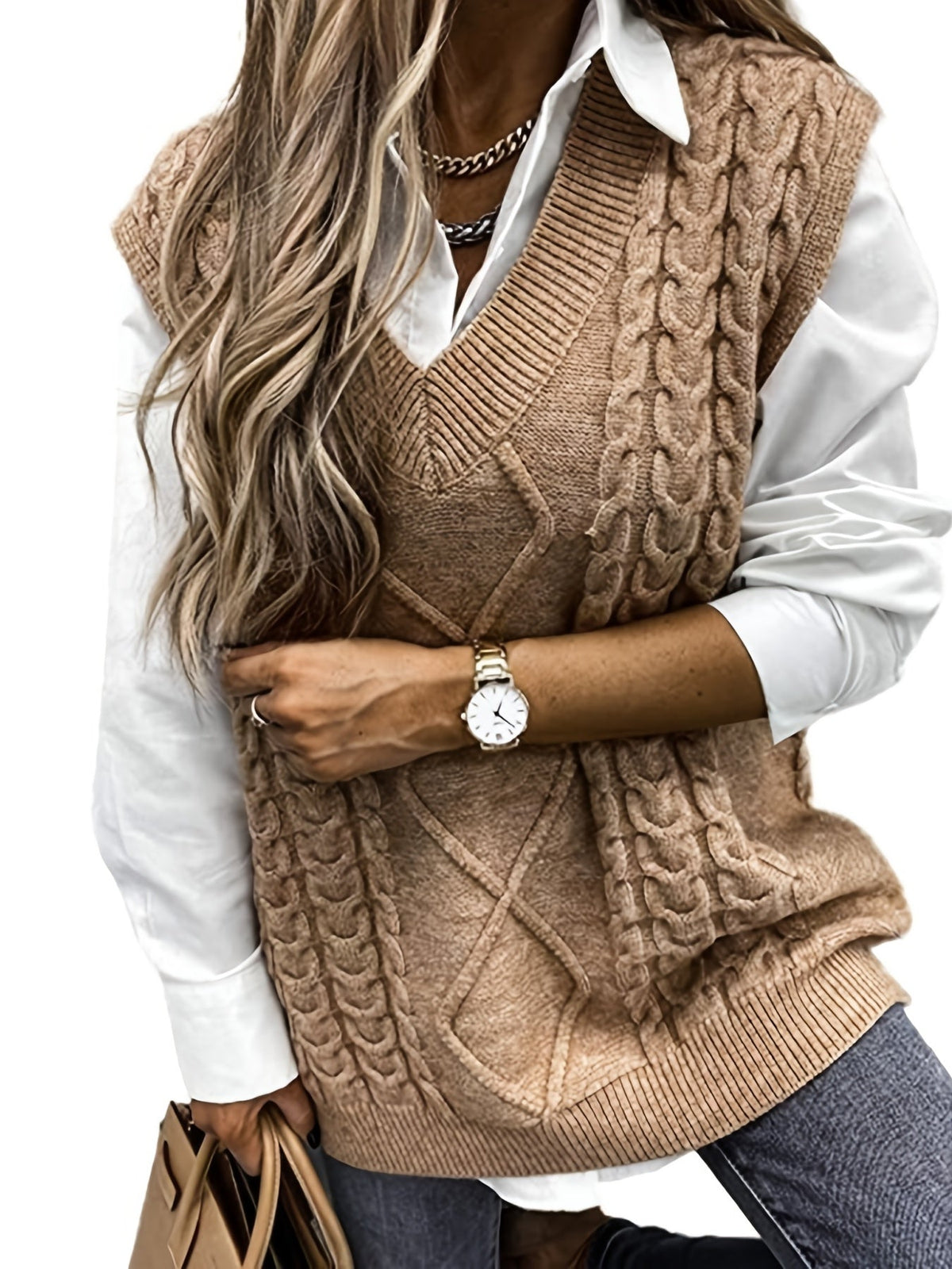 Pull sans manches ample à torsades et col V — Amielle Paris