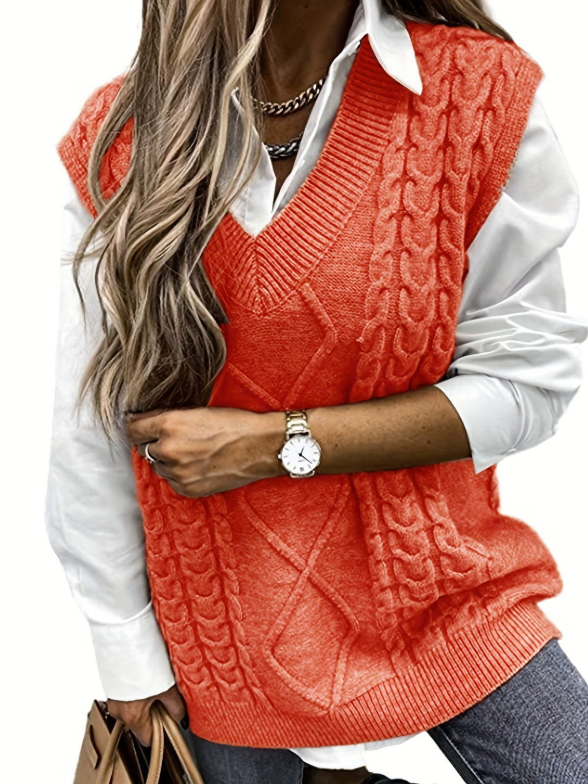 Pull sans manches ample à torsades et col V — Amielle Paris