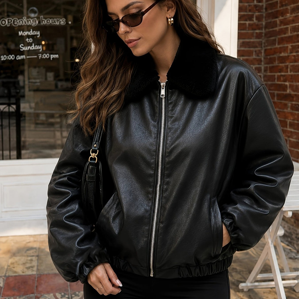 Blouson aspect cuir à col en fausse fourrure — Amielle Paris