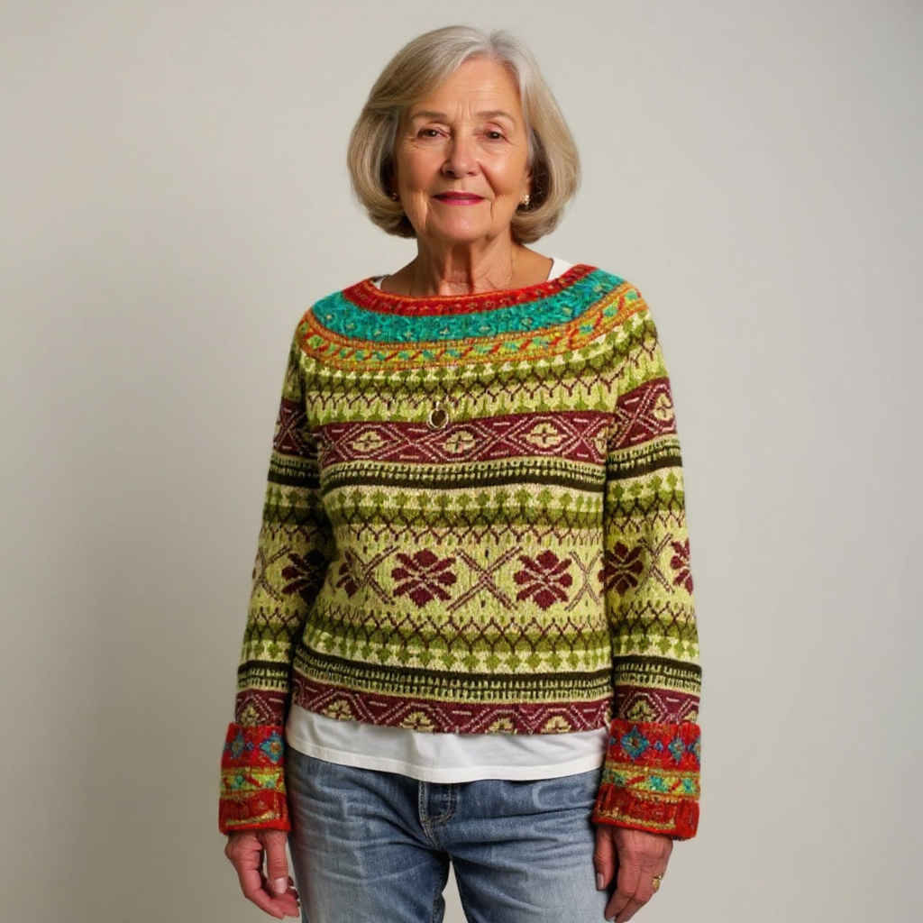 Pull vert à motifs géométriques multicolores