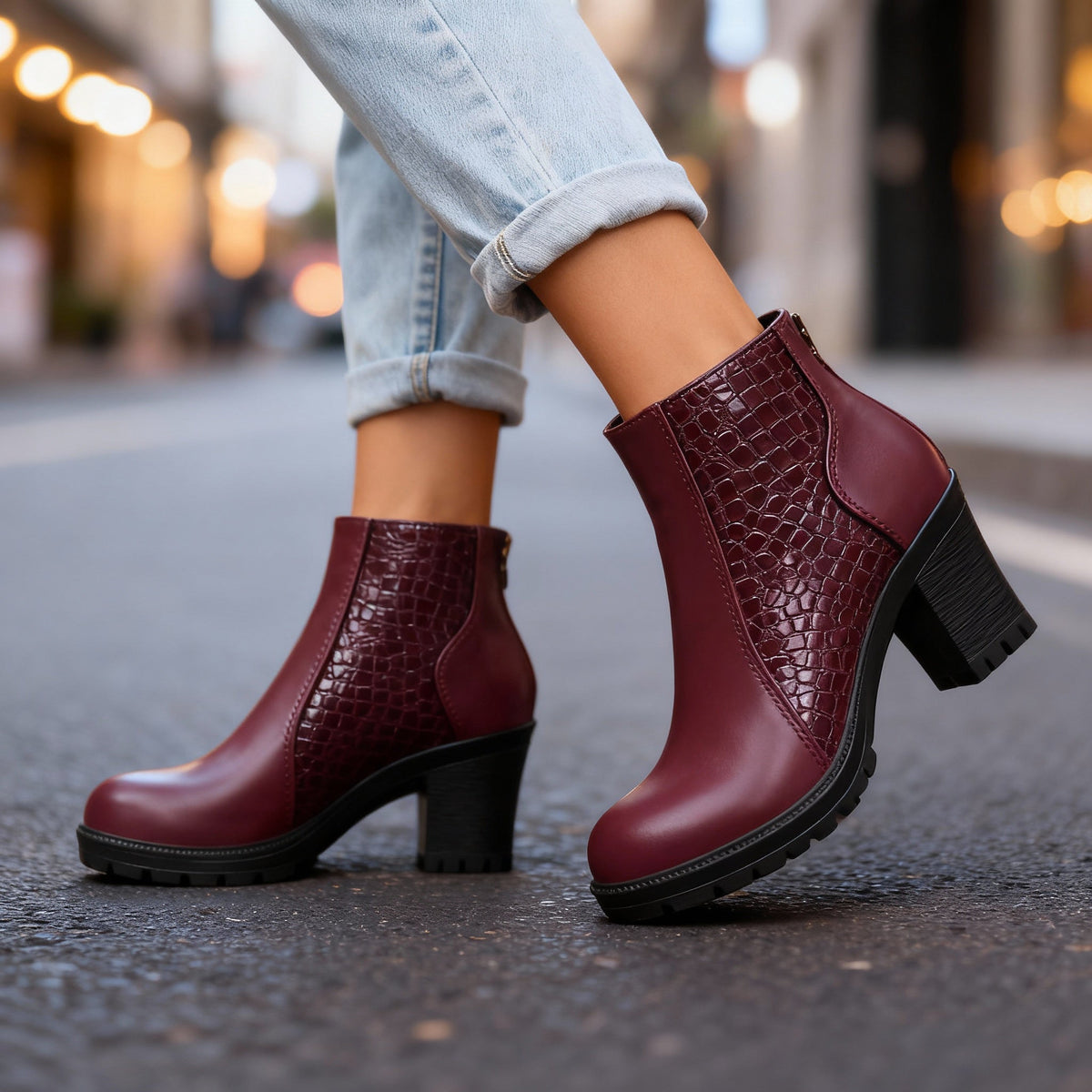 Bottines effet croco à talon bloc