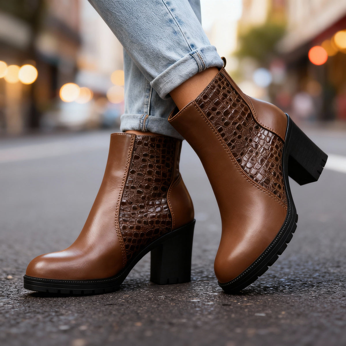 Bottines effet croco à talon bloc