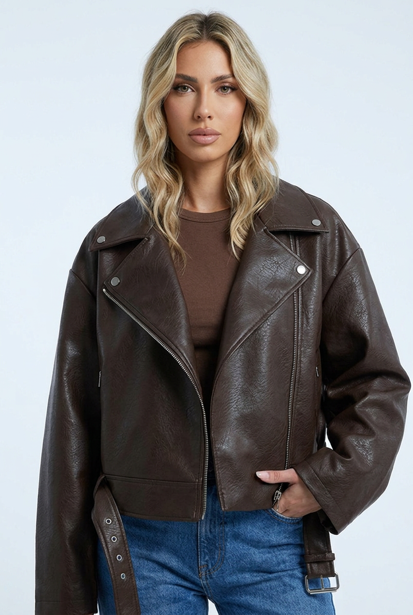 Faustine — Veste zippée effet cuir marron — Amielle Paris