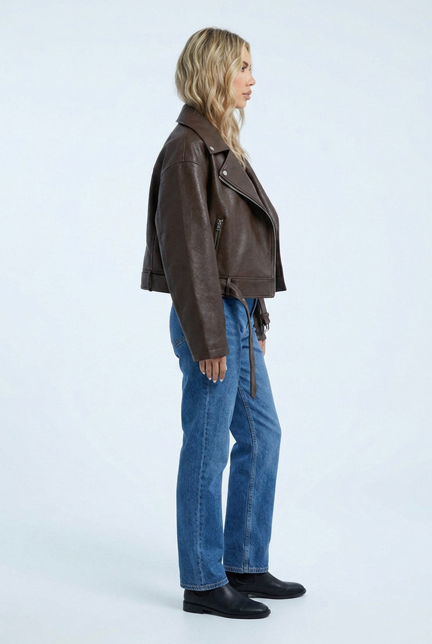 Faustine — Veste zippée effet cuir marron — Amielle Paris