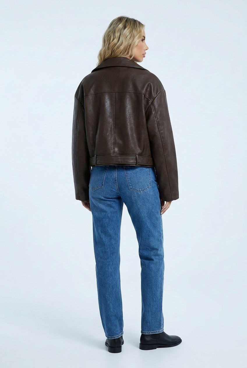 Faustine — Veste zippée effet cuir marron — Amielle Paris