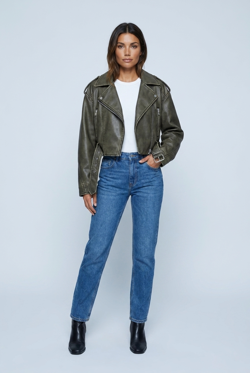 Juliette — Veste biker courte effet cuir vieilli — Amielle Paris