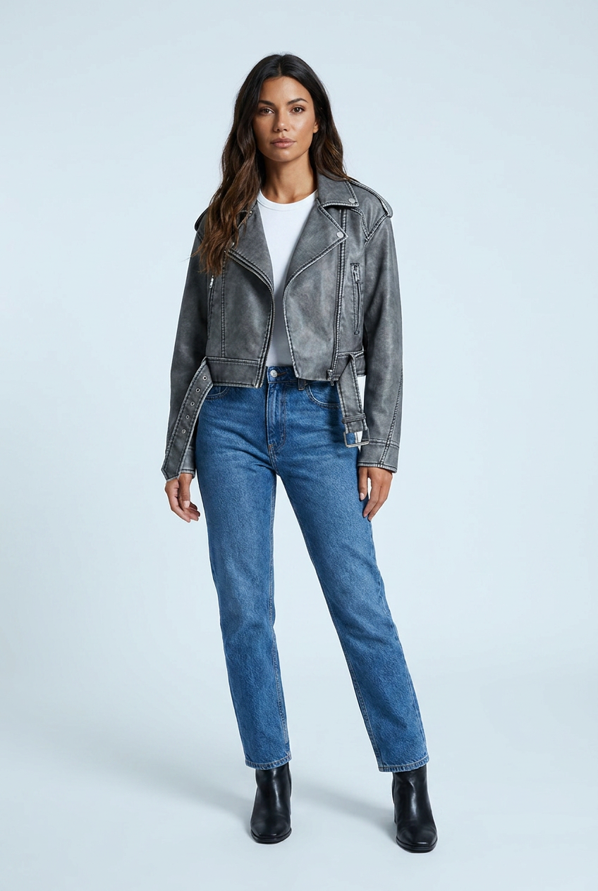 Juliette — Veste biker courte effet cuir vieilli — Amielle Paris