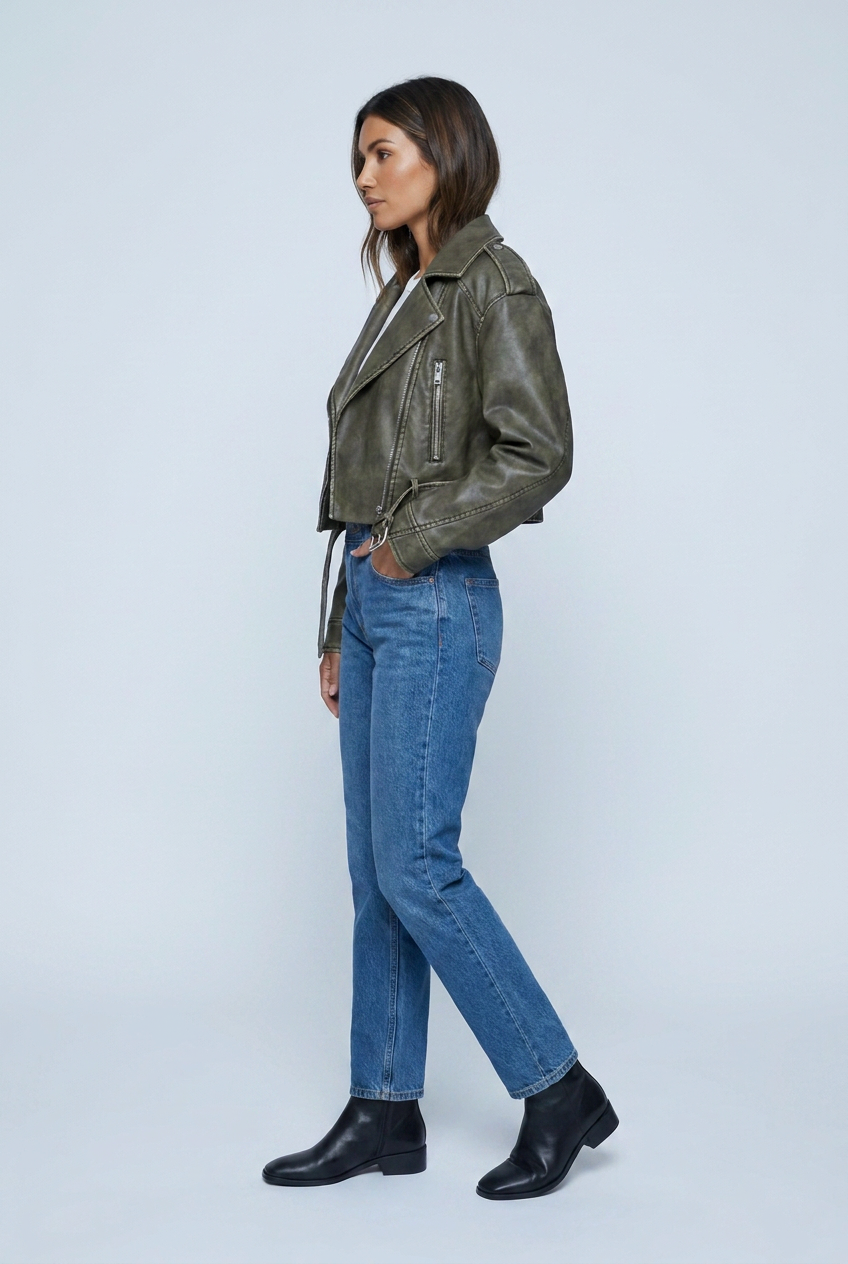 Juliette — Veste biker courte effet cuir vieilli — Amielle Paris