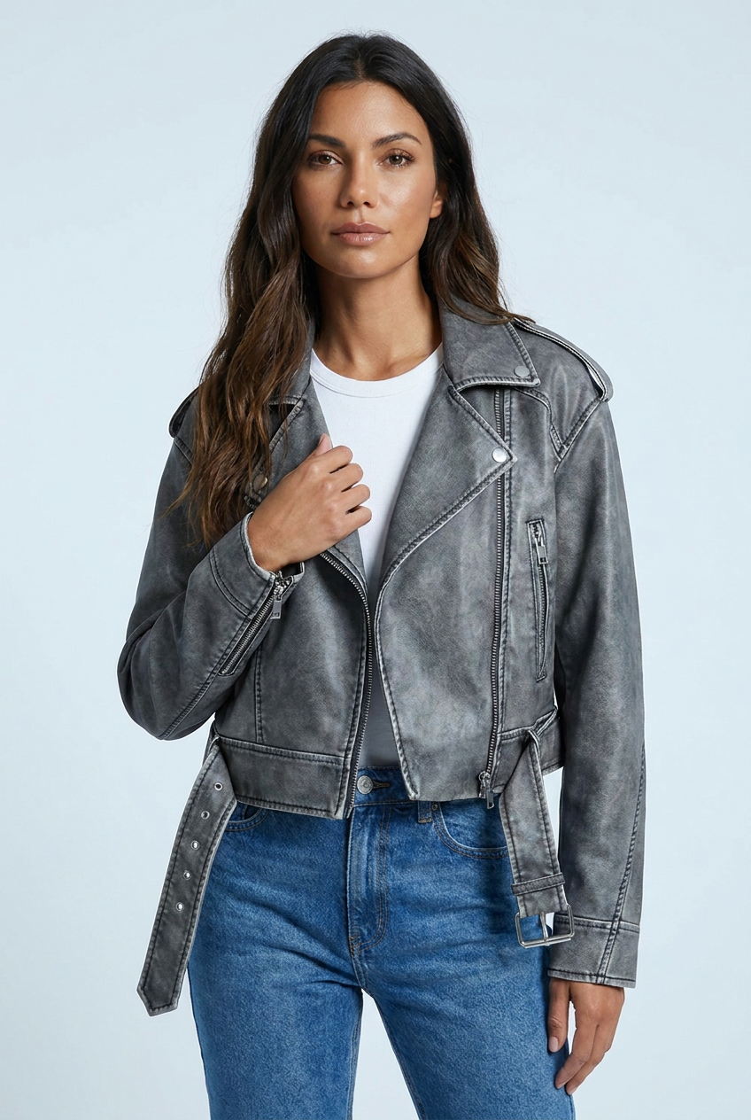 Juliette — Veste biker courte effet cuir vieilli — Amielle Paris