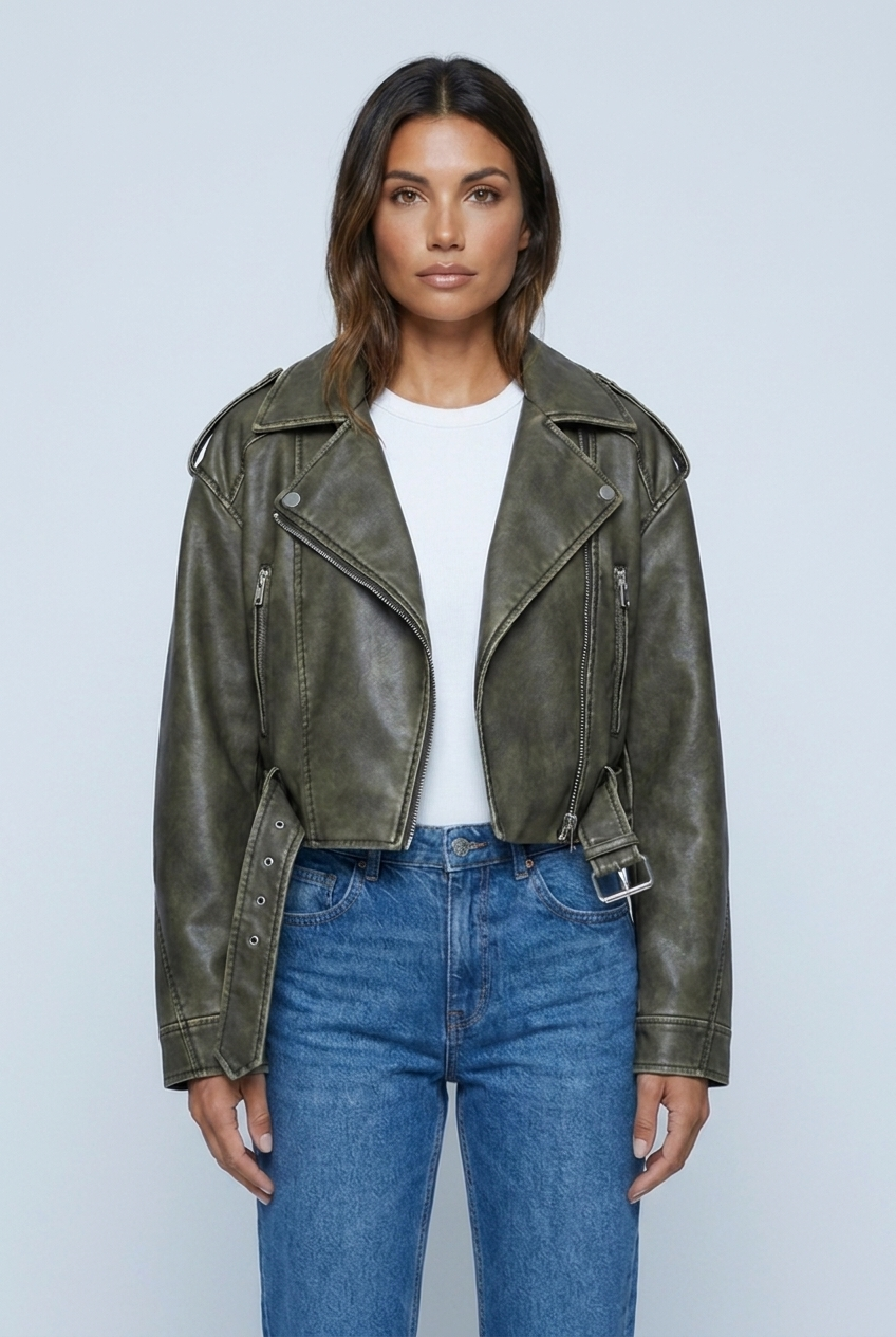 Juliette — Veste biker courte effet cuir vieilli — Amielle Paris