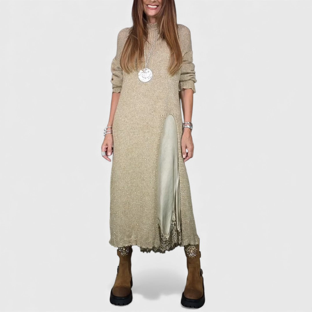 Zoe — Robe longue en maille à effet superposé — Amielle Paris