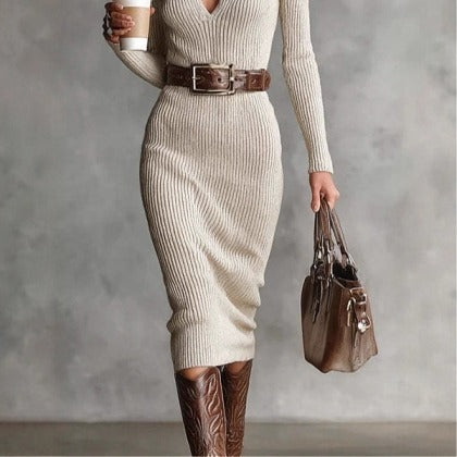 Daisy — Robe pull midi à col et ceinture — Amielle Paris