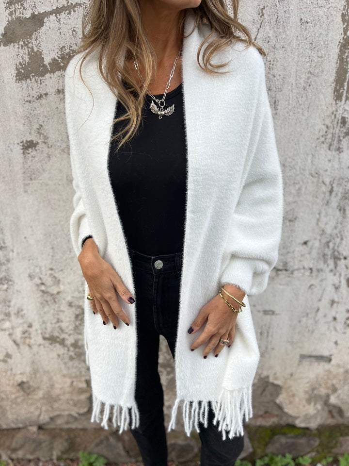 Gilet drapé duveteux à franges — Amielle Paris