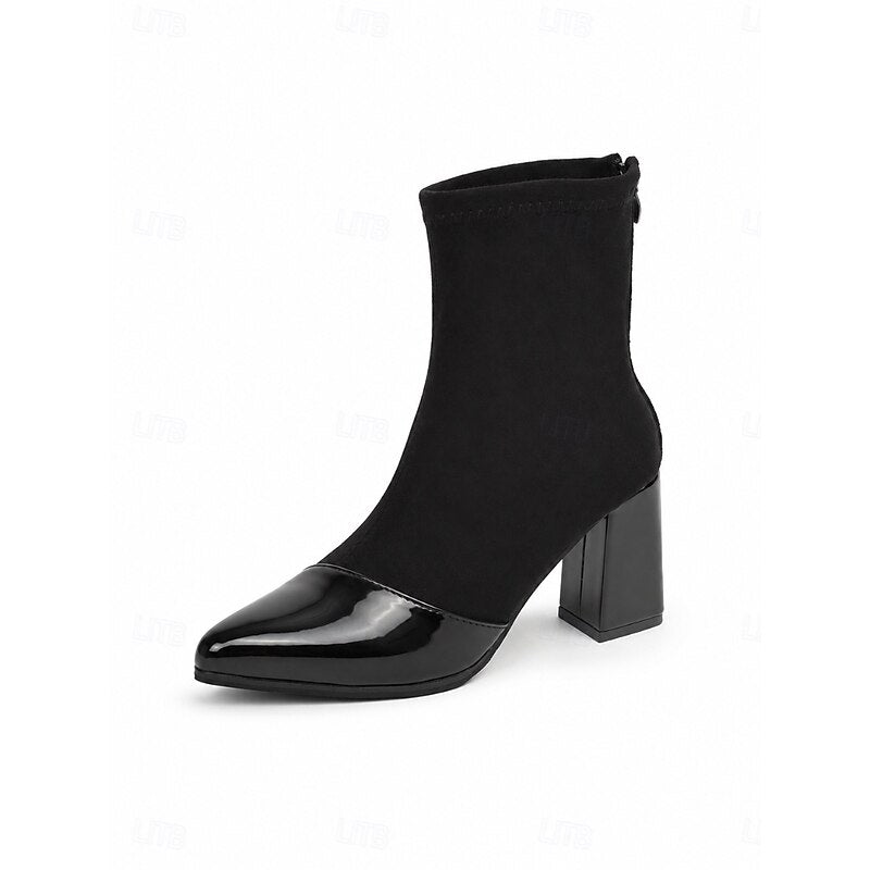 Bottines aspect daim à bout verni et talon bloc — Amielle Paris