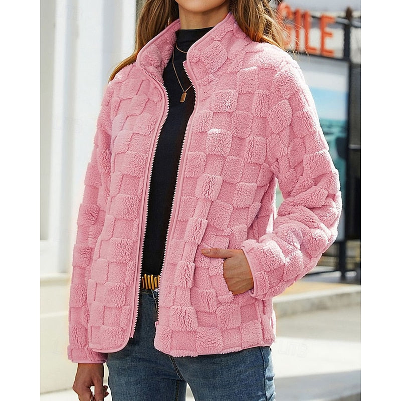 Manteau zippé effet peluche à carreaux — Amielle Paris