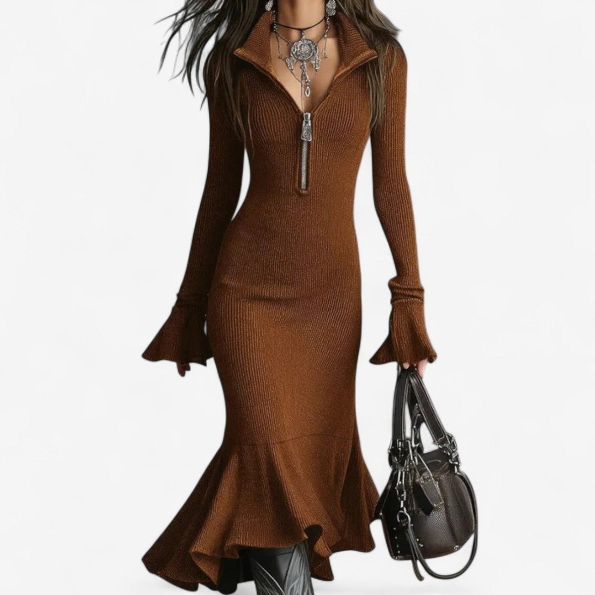 Robe pull midi à col zippé et jupe évasée — Amielle Paris