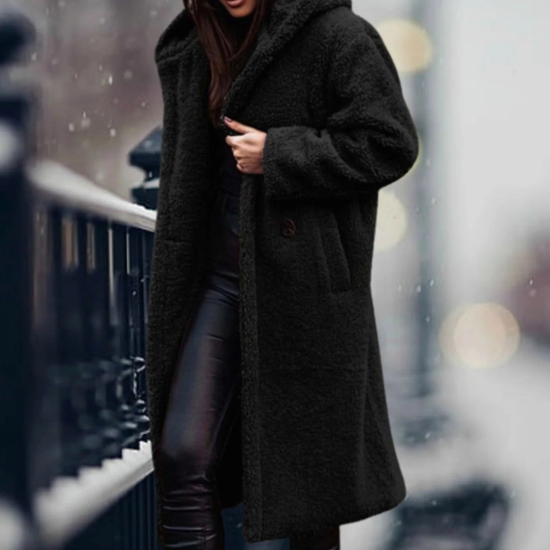 Isabella — Manteau long ouvert en fausse fourrure — Amielle Paris