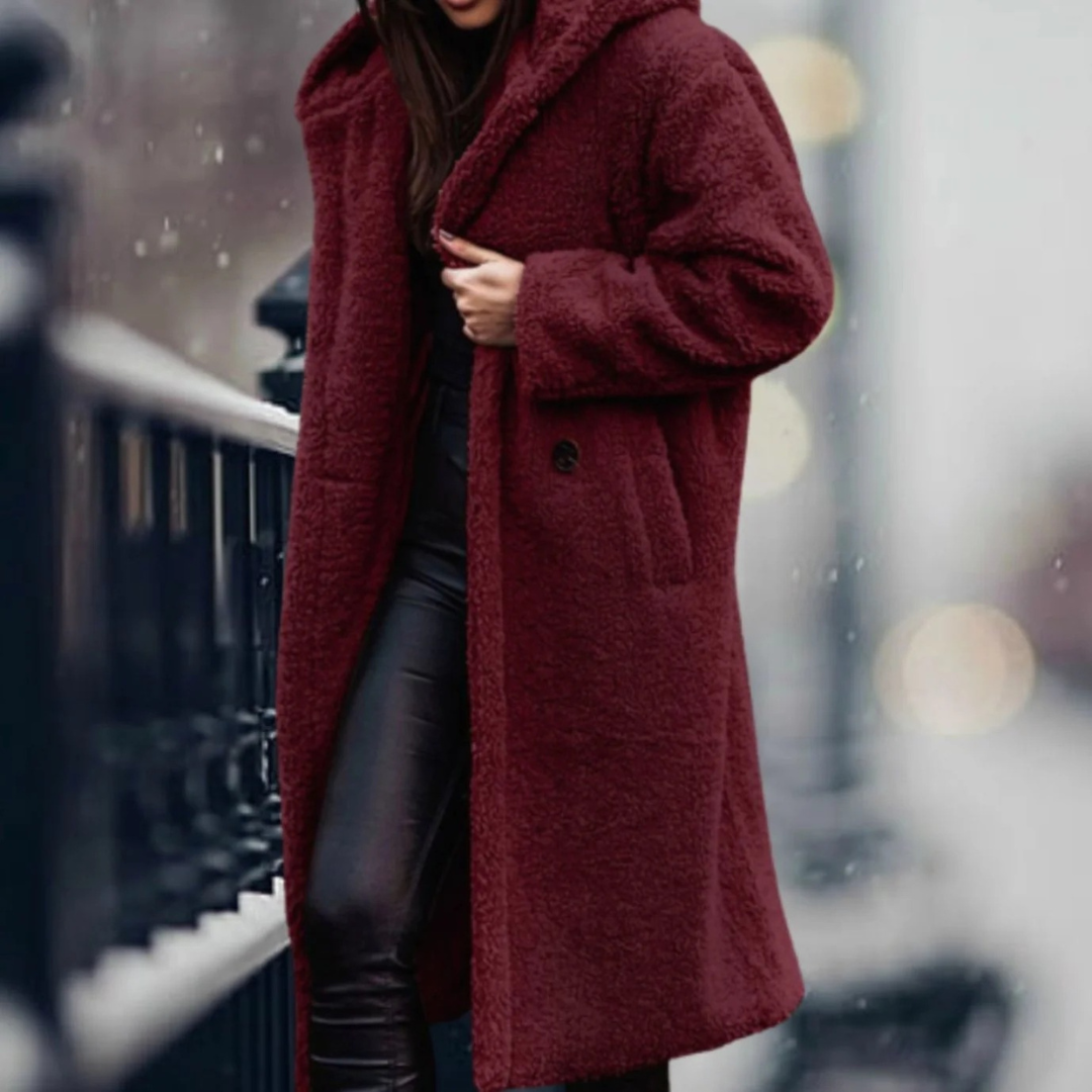 Isabella — Manteau long ouvert en fausse fourrure — Amielle Paris