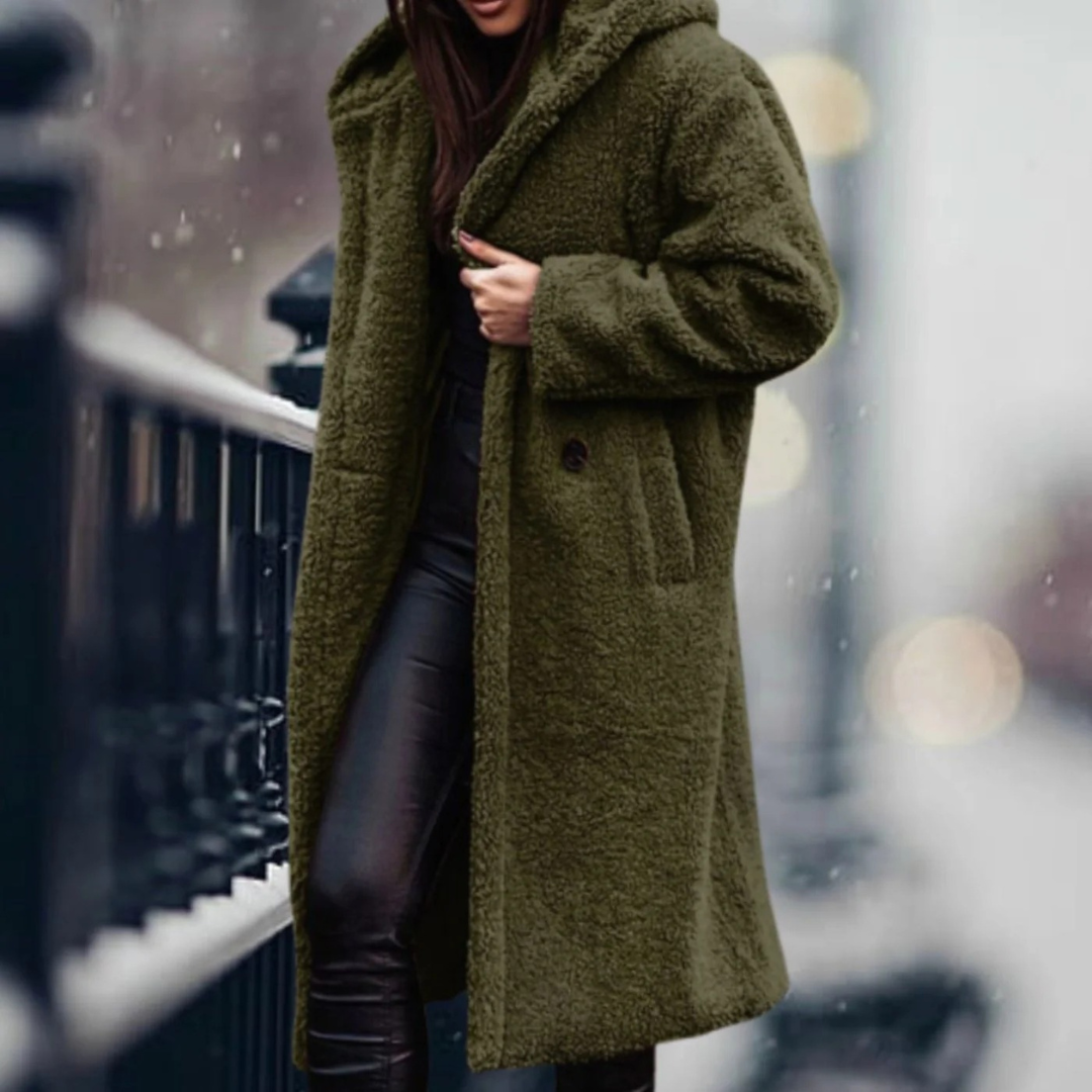 Isabella — Manteau long ouvert en fausse fourrure — Amielle Paris