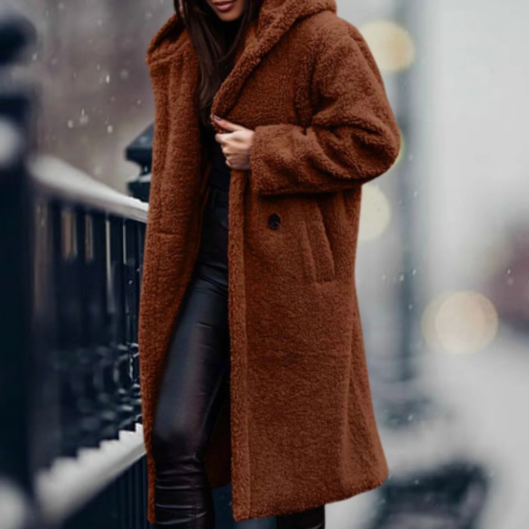 Isabella — Manteau long ouvert en fausse fourrure — Amielle Paris
