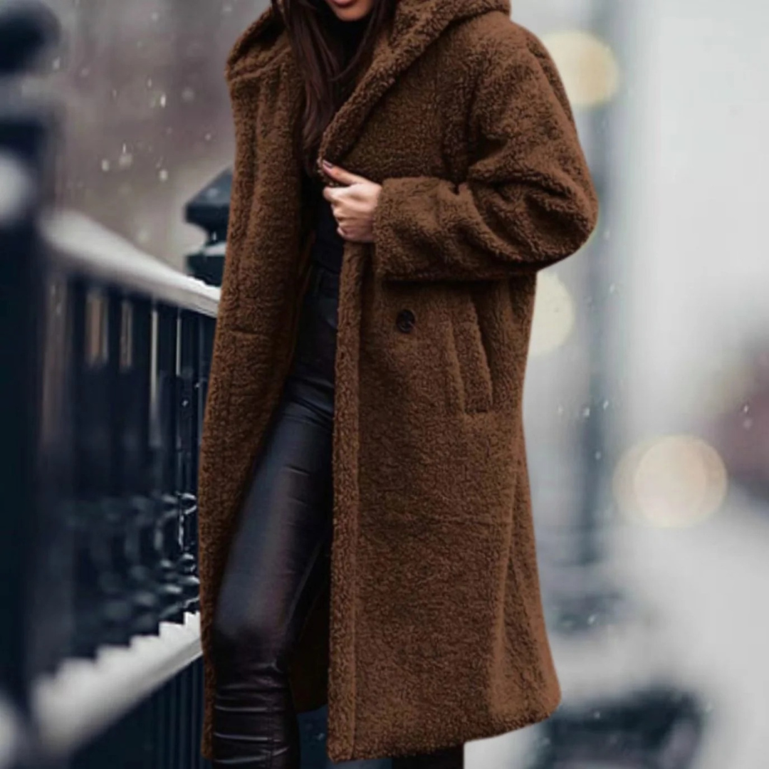 Isabella — Manteau long ouvert en fausse fourrure — Amielle Paris