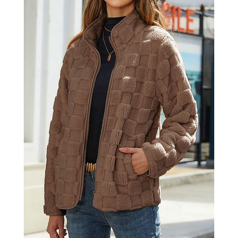 Manteau zippé effet peluche à carreaux — Amielle Paris