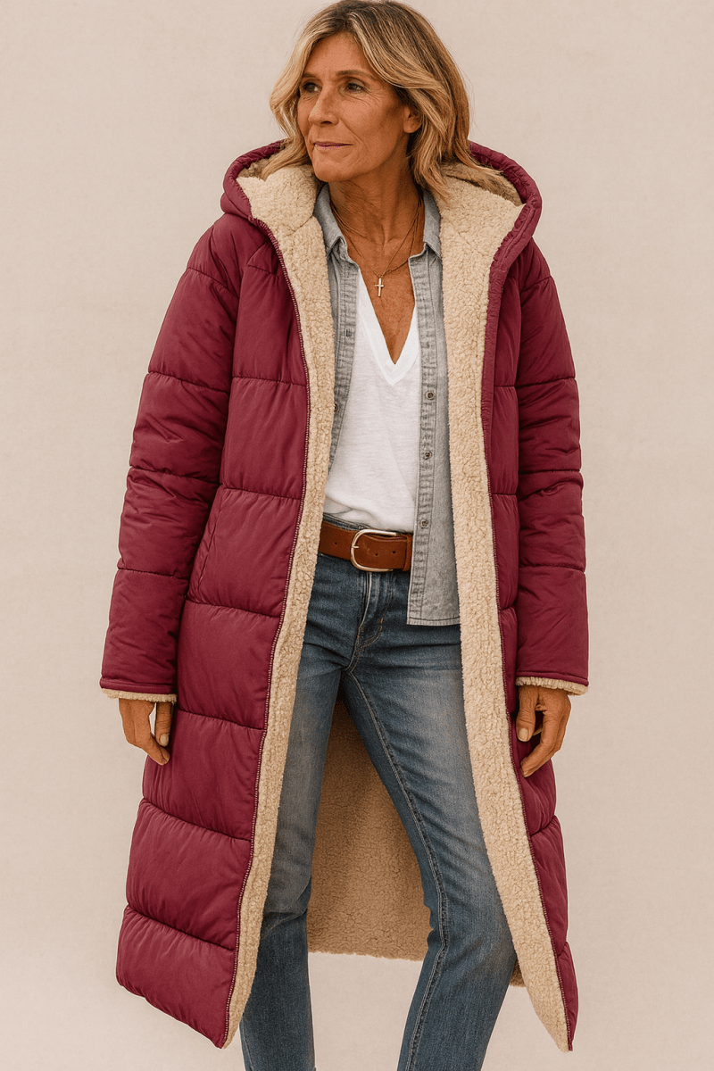 Sienna — Manteau long réversible à col contrastant — Amielle Paris