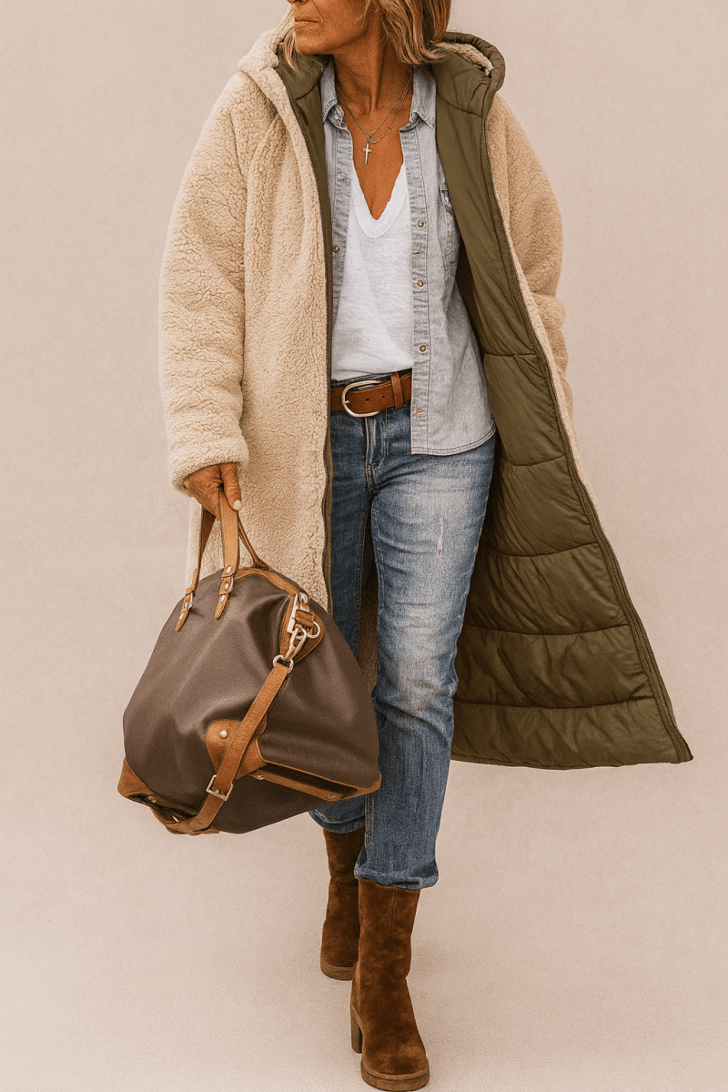 Sienna — Manteau long réversible à col contrastant — Amielle Paris