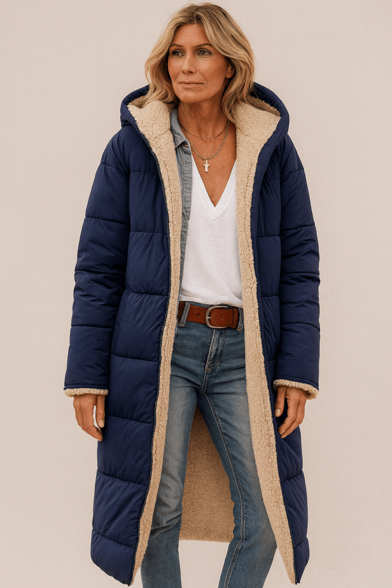 Sienna — Manteau long réversible à col contrastant — Amielle Paris