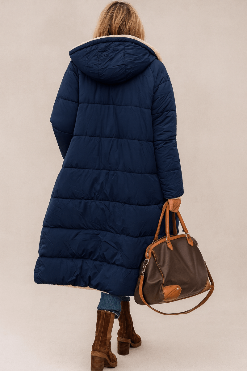Sienna — Manteau long réversible à col contrastant — Amielle Paris